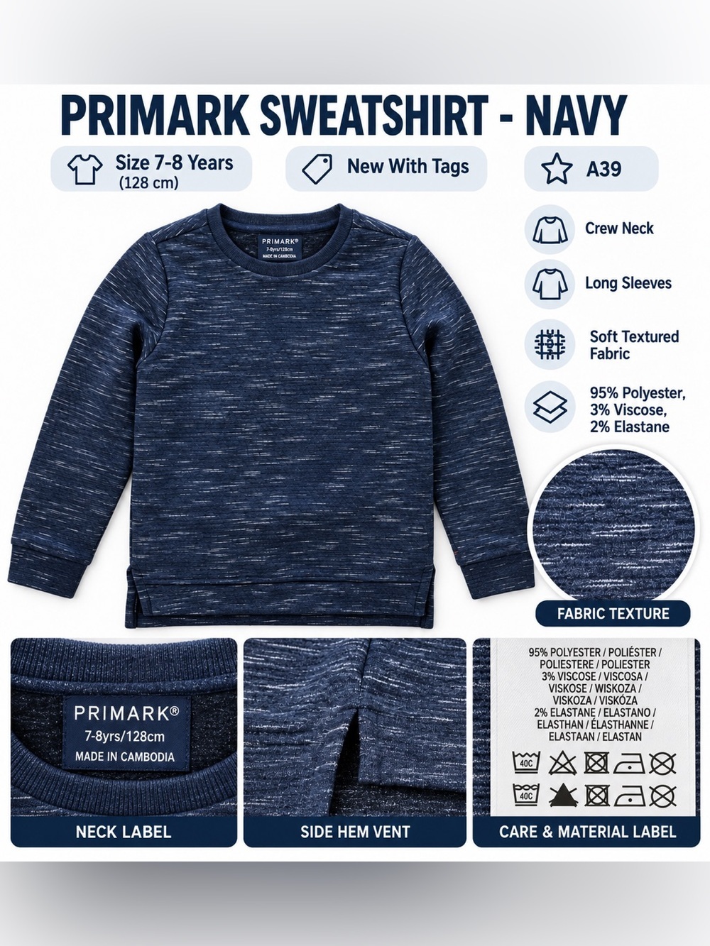 PRIMARK TEXTURED CREWNECK SWEATSHIRT - SIZE 7-8 YEARS (NEW WITH TAGS) A39
